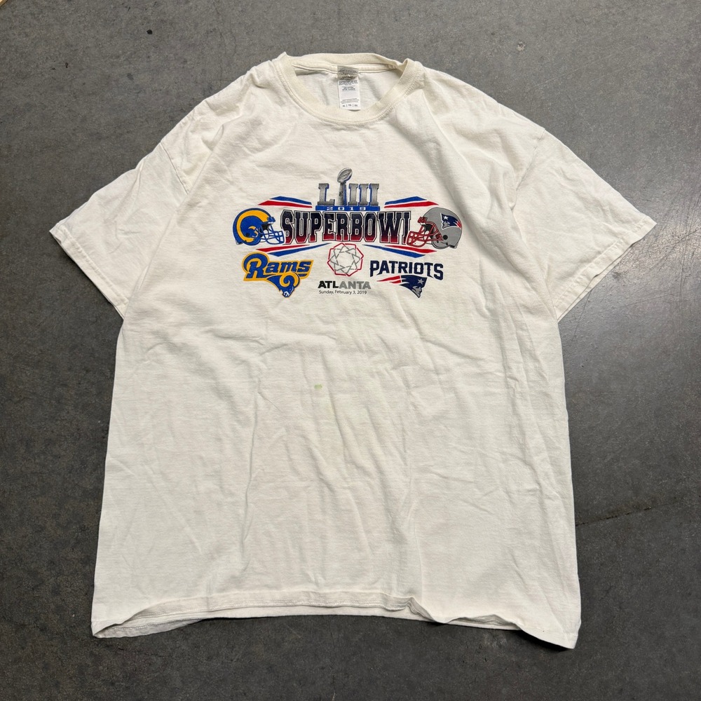 Gildan Super Bowl LIII 2019 Rams vs Patriots Atlanta White T-Shirt Mens XL